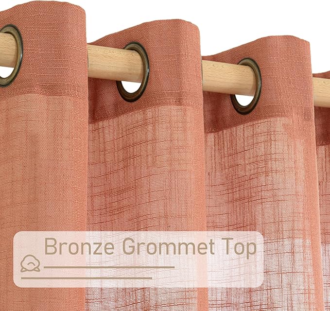 LAMIT Natural Linen Semi Sheer Curtains 48 Inch for Short Windows, Light Filtering Curtains Farmhouse Boho Bronze Grommet Drapes for Kitchen/Loft Room, 2 Panels (34 x 48 Inch, Terracotta)