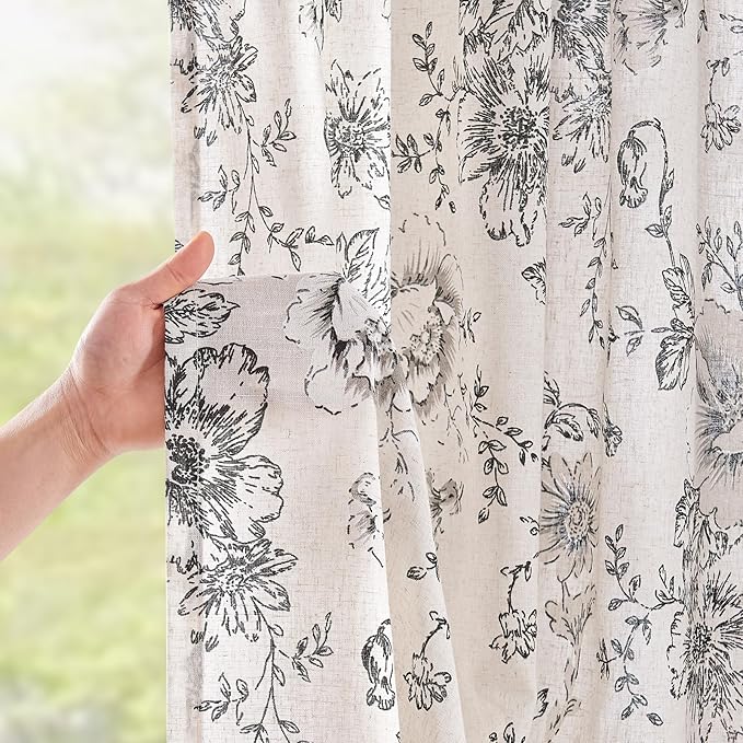 jinchan Linen Blend Curtain Floral Curtains for Living Room 84 Inch Length Black Printed Curtain Rod Pocket Back Tab Farmhouse Peony Flower Patterned Drapes Bedroom Window Curtains Set 2 Panels