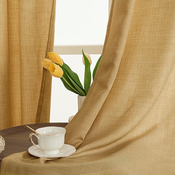LAMIT Linen Curtains 90 Inch for Bedroom, Grommet Thick Linen Textured Sheer Curtains Light Filtering Privacy Burlap Drapes for Living Room, Set of 2 Panels, 52 x 90 Inch, Caramel Brown