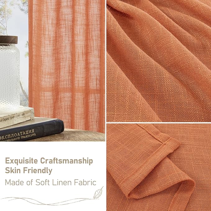 LAMIT 36 Inch Length Linen Curtains for Small Windows, Semi Sheer Light Filtering Panels Back Tab and Rod Pocket Country Decor Drapes for Basement/Kitchen, Burnt Orange, 2 Panels, 34 x 36 Inch