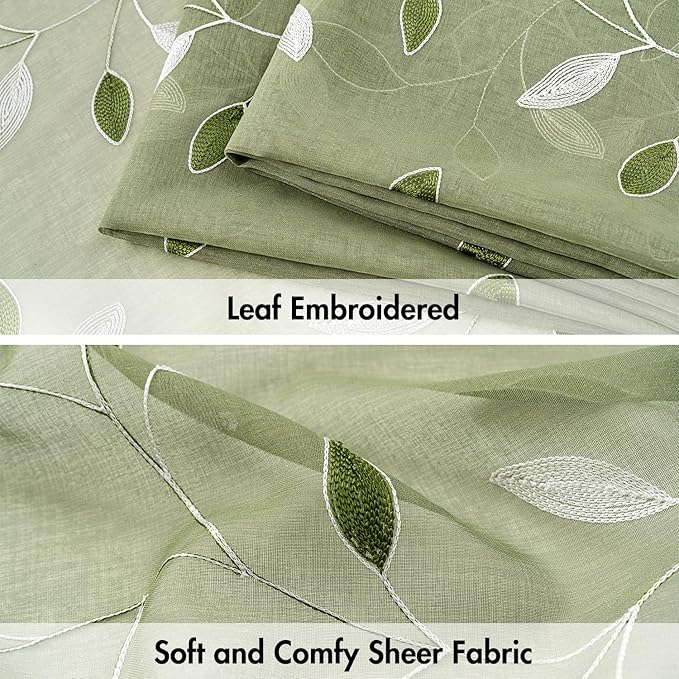 MIULEE Sage Green Sheer Kitchen Curtains 30x36 Inches Length 2 Panels Embroidered Leaf Patterned Rod Pocket Floral Semi Sheer Faux Linen Short Window Curtains Drapes Set for Bathroom Cafe