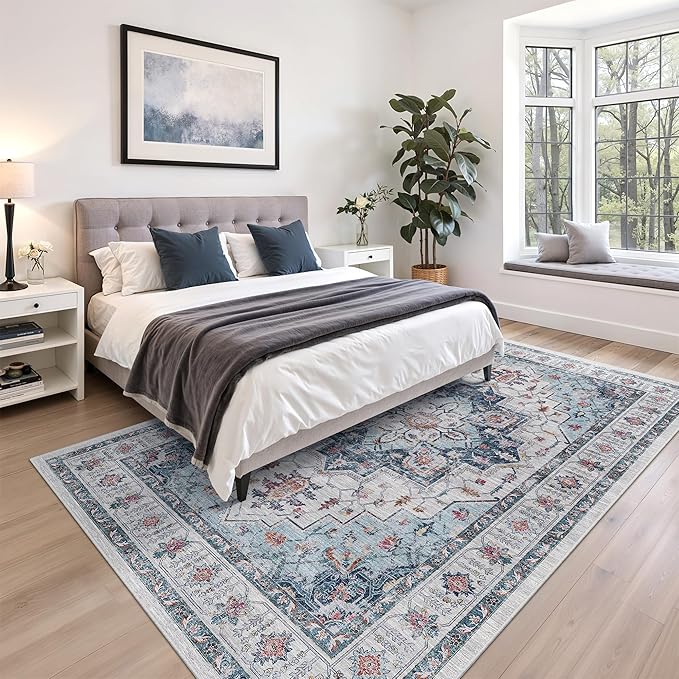 zesthome Washable Rug 5x7 Area Rugs,Stain Resistant Rugs for Living Room,Bedroom,Non-Slip Backing Home Decor Rug, Vintage Medallion Pattern Rugs (Blue,5'x7')