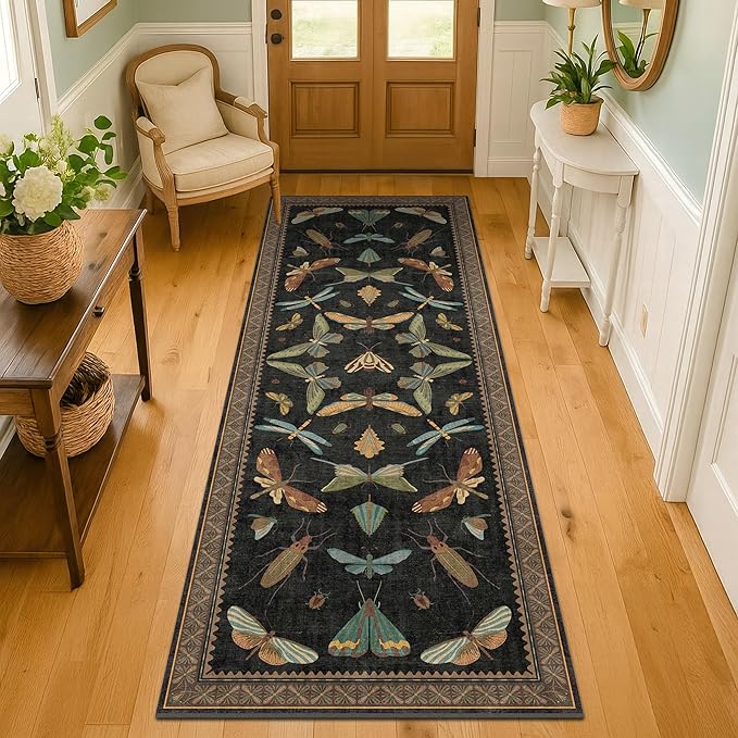 2x6 Black Entryway Runner Rugs Washable Non Slip Runners for Hallway, Kitchen, Mudroom, Laundry Room, Stain Resistant Ultra Soft Non Skid, Nature Insect Fantasy Whimsical Indoor Decor