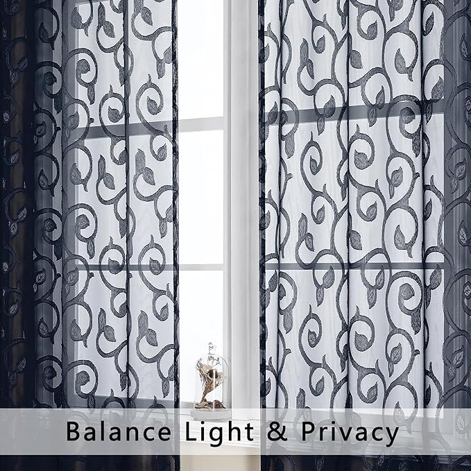 OWENIE Furman Sheer Curtains 84 inches Long for Bedroom Living Room 2 Panels Set, Clip Jacquard Solid Navy Blue Semi Sheer Curtains, Light Filtering Rod Pocket Privacy Window Curtains, 40Wx84L inch