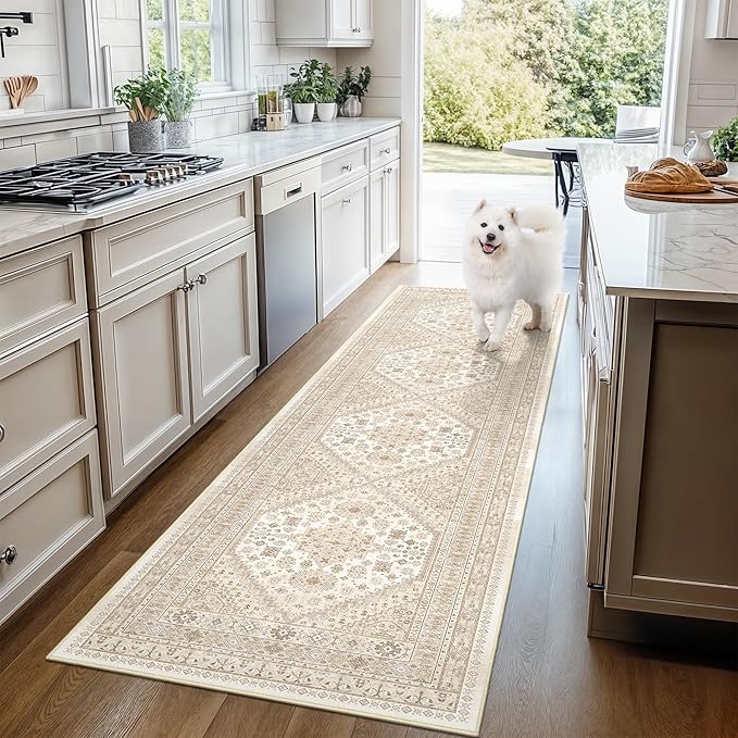 Runner Rug 2x10, Ultra-Thin Kitchen Rugs Non Slip Washable Rugs for Entryway Rug, Kitchen Runner Low Pile Vintage Soft Carpets for Living Room, Bathroom Bedroom (Cream/Beige,2'x10')