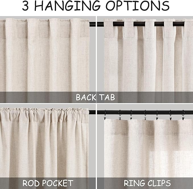 Nanspring Extra Wide Linen Curtains for Living Room 108 Inch Length for Room Divider Beige Rustic Farmhouse Drape Rod Pocket Back Tab Light Filtering Bedroom Window Curtain for Sliding Door 100x108