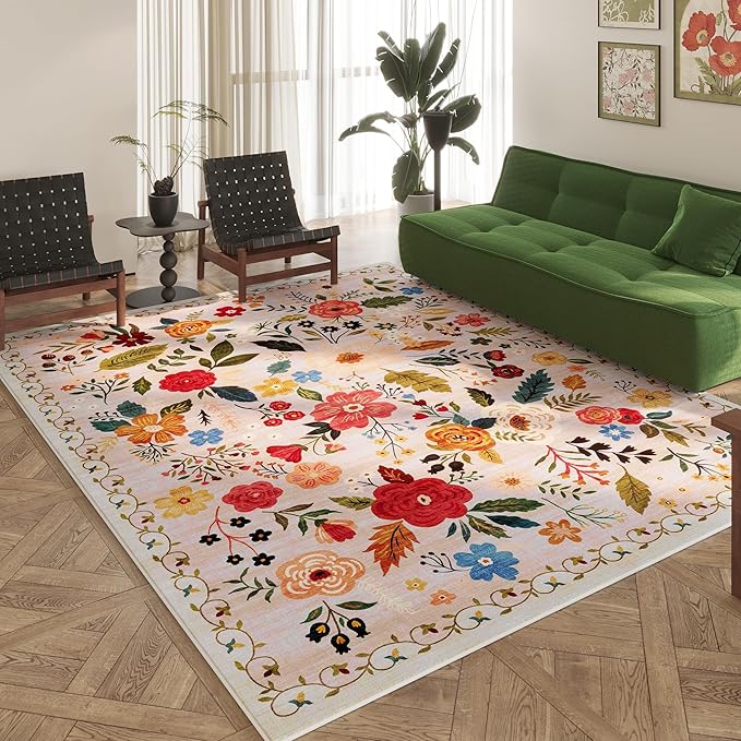 Rugcomf Area Rugs 8x10 Rug for Living Room Clearance Washable Boho Area Rug Non Slip Floral Vintage Low Pile Large Rug for Living Room, Bedroom, Farmhouse, Dining Room, Kids Playroom(Beige)