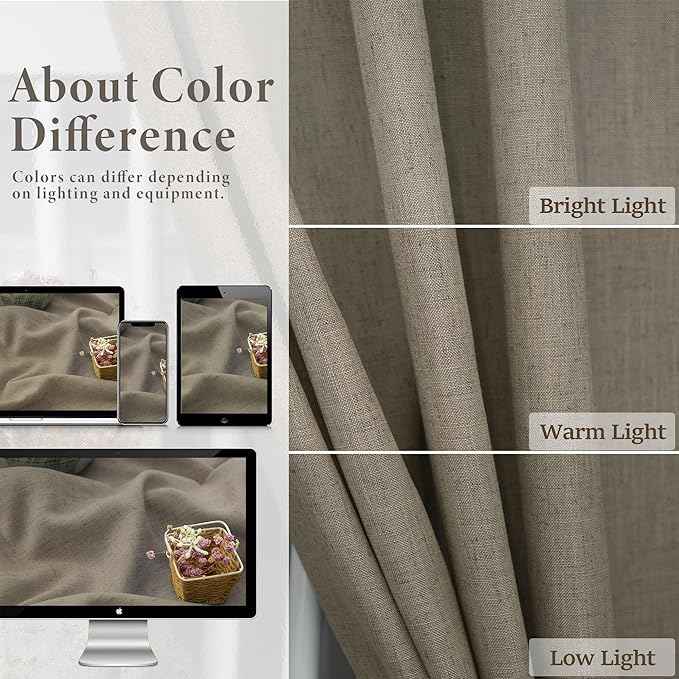 Pitalk Taupe Linen Curtains 54 Inch Length for Bedroom Farmhouse Cottage Core Linen Textured Light Filtering Semi-Sheer Curtain 2 Panels Burlap Look Privacy Linen Drapes 52x54 Long Back Tab Taupe Tan