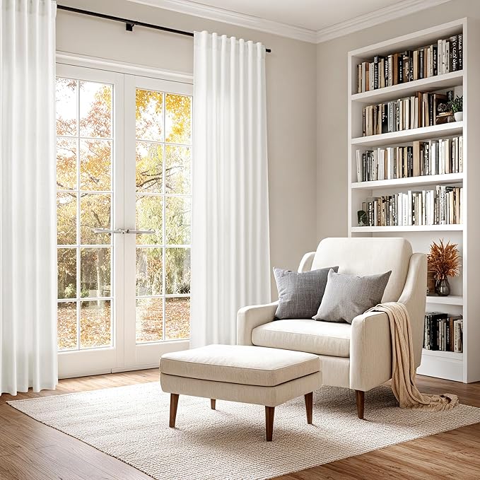 Nanspring Beige White 102 Inch Linen Curtains for Living Room Privacy Semi Sheer Curtains Back Tab and Rod Pocket Farmhouse Coastal Room Decor Curtain for Bedroom Large Window 70x102, 2 Panels