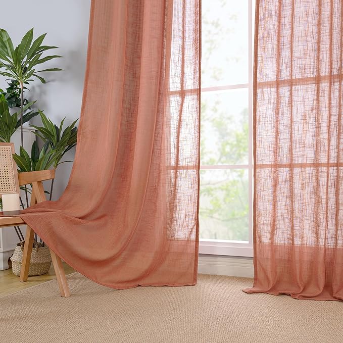 LAMIT Terracotta Linen Boho Curtains 84 inch Length 2 Panels, Light Filtering Burnt Orange Panels Back Tab and Rod Pocket Western Rustic Drapes for Bedroom/Living Room, 52 x 84 Inch