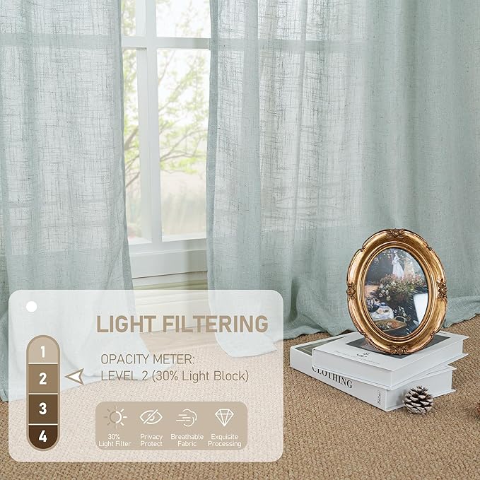 LAMIT Greyish Blue Linen Curtains 63 Inches Long, Semi Sheer Light Filtering Panels Back Tab and Rod Pocket Small Cafe Drapes for Basement/Window/Loft Room, 2 Panels, 34 x 63 Inch