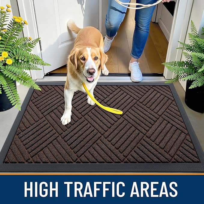 OLANLY Front Door Mat Outside Entrance 33x21, Absorbent, Heavy Duty Sturdy Natural Rubber Doormat Indoor Outdoor, Stain and Fade Resistant, Non-Slip Low Profile Floor Mat for Entryway, Brown Diamond