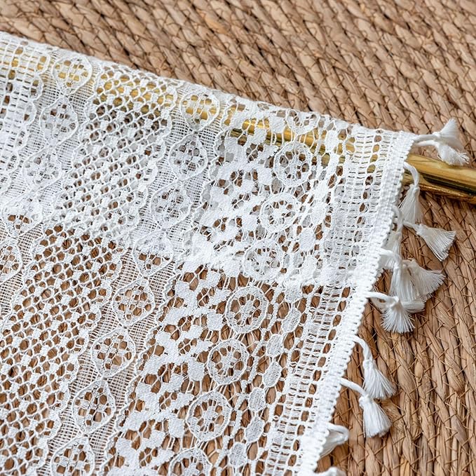 WAZZIO Boho Lace Curtains 45 Inches 2 Panel,Light Filtering Privacy Tassel & Geometry Crochet Semi Sheer Curtain Drapes for Bedroom Living Dining Room,Rod Pocket & Tassel,Victorian Decor,Off White