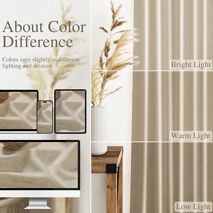 Eggshell Beige Linen Curtains 80 Inch Length for Living Room Light Filtering Semi Sheer Curtain Back Tab Rustic Farmhouse Decor Burlap Luxury Boho Drapes for Bedroom Dinner Room 52x80, 2 Panels