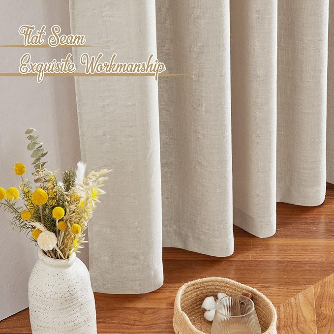 NICETOWN Beige Linen Curtains 84 inches Long, Rod Pocket & Back Tab Flax Linen Burlap Semi Sheer with Light Filtering Curtains & Drapes Privacy Window Treatments for Living Room, W52 x L84, 2 Pieces