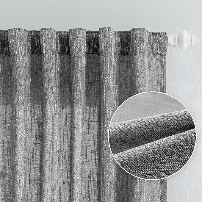 MYSKY HOME Sheer Curtains for Bedroom, Kitchen Curtain Panels Cotton Polyester Blend Fabric Linen Look Texture Light Filtering Privacy Drapes, Farmhouse Home Decor, 50" x 63", Dark Grey, 2 Pieces