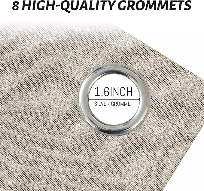 Yakamok Natural Linen Curtains 100% Blackout 72 Inches Long,Room Darkening Textured Curtains for Living Room Thermal Grommet Bedroom Curtains 2 Panels with Greyish White Liner