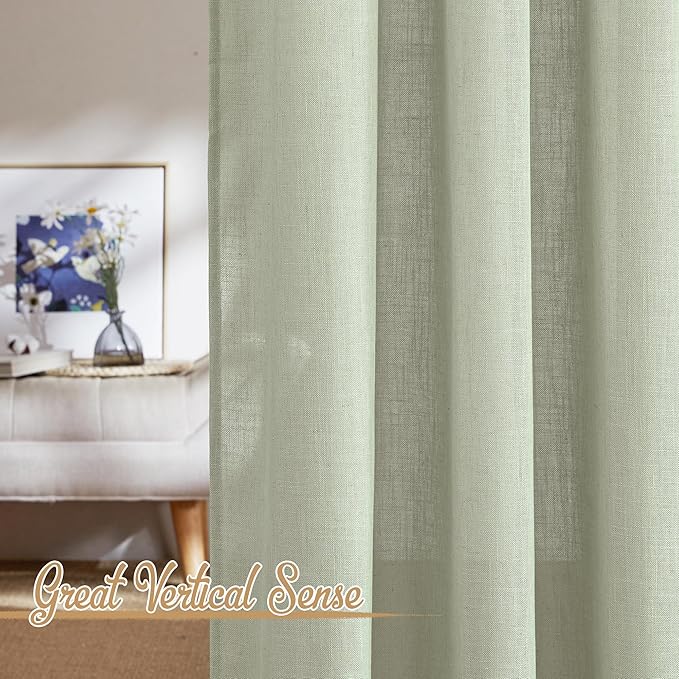 NICETOWN Sage Green Curtains for Living Room, Rod Pocket & Back Tab Natural Linen Blend Semi Sheer Window Treatments Privacy with Light Filtering for Bedroom/Nursery, W52 x L84, 2 Panels
