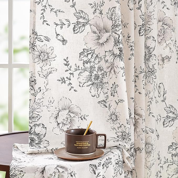 jinchan Linen Blend Curtain Floral Curtains for Living Room 90 Inch Length Black Printed Curtain Rod Pocket Back Tab Farmhouse Peony Flower Patterned Drapes Bedroom Window Curtains Set 2 Panels