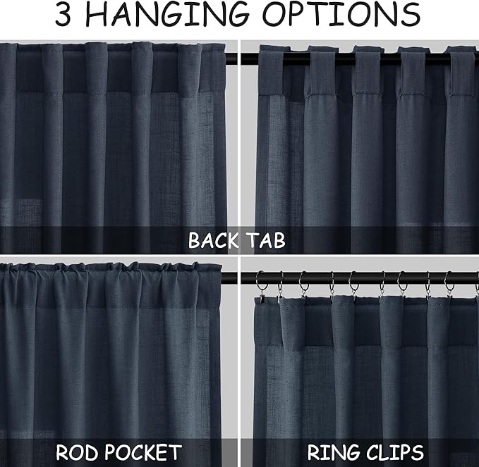 Vintage Blue Curtains 63 Inches Long 2 Panel Sets for Living Room Bedroom Light Filtering Linen Drapes for Kitchen Windows Rod Pocket Back Tab Short See Through Curtain Vintage Country Decor 52x63