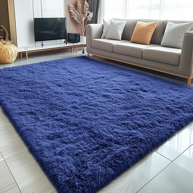 OLANLY 7x10 Machine Washable Large Area Rugs for Living Room, Bedroom, Soft Fluffy Shaggy Bedside Rug, Indoor Floor Carpet for Kids Girls and Boys, Dorms, Nursery, Home Decor Aesthetic, Navy Blue
