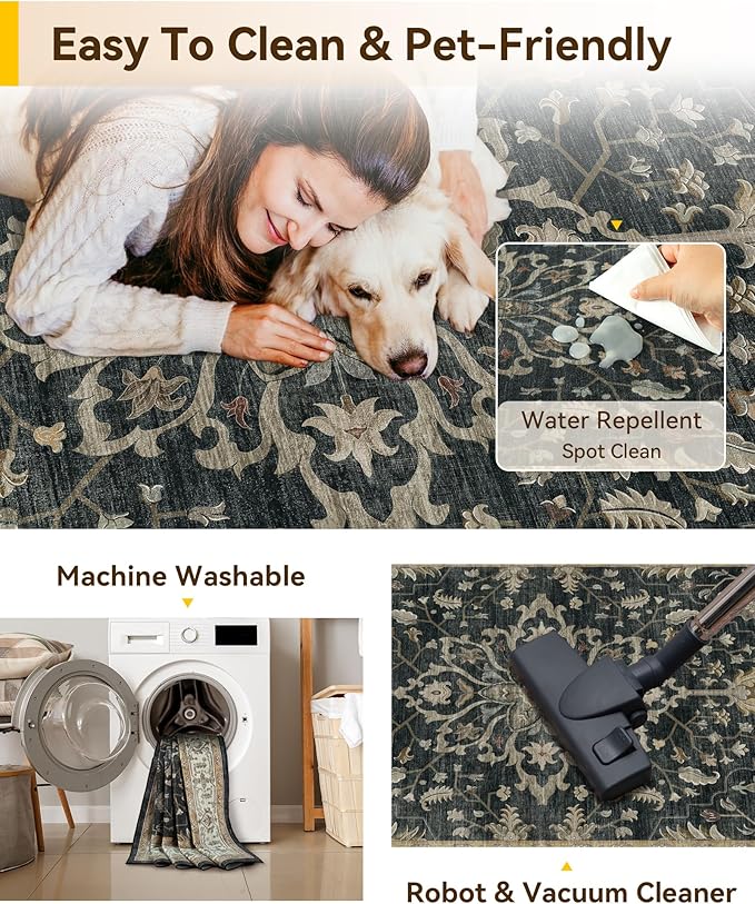 RELEANY Area Rugs 2'x3' Kitchen Rugs Entry Rug Small Rugs for Entryway Kitchen Bathroom Door Mat Indoor Entrance,Washable Non Slip, Vintage Black Brown Neutral