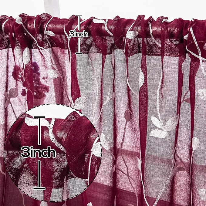 AmHoo 2 Panels Embroidered Leaf Pattern Semi Sheer Curtains Foliage Floral Voile Window Draperies Treatment for Bedroom Living Room Rod Pocket Burgundy Red 53 x 84 Inch