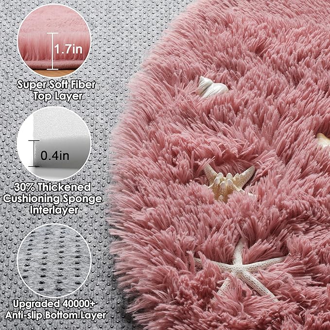 ONASAR Blush Round Area Rugs 5ft, Soft Bedroom Circle Rug Mats for Kids Girls Teen Room, Fluffy Plush Shaggy Carpet for Dorm Nursery Living Room Playroom Home Decor Princess Castle
