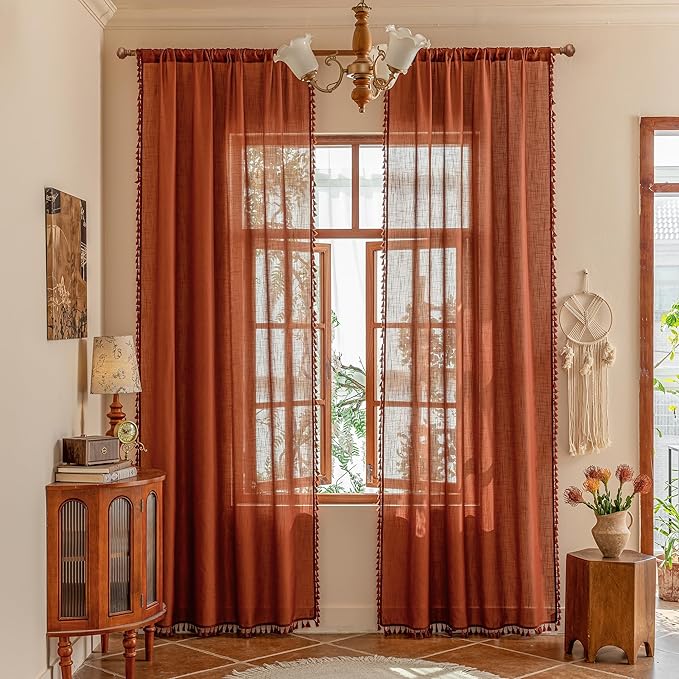 MYSKY HOME Door Curtains for Closet Doorways, 72 Inches Long Sheer Light Filtering Privacy Protect Bohemian Macrame Drapes for Living Room Bedroom, 50" x 72", Terracotta, 2 Pieces