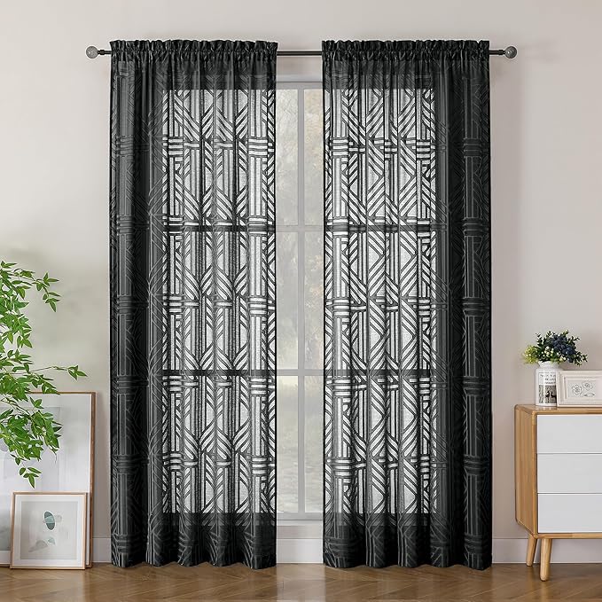 Simplebrand Semi Sheer Black Curtains 84 Inches Long 2 Panels, Light Filtering Geometric Jacquard Clip Textured Sheer Curtains for Bedroom，Modern Elegant Window Curtains Drapes，52x84 inch