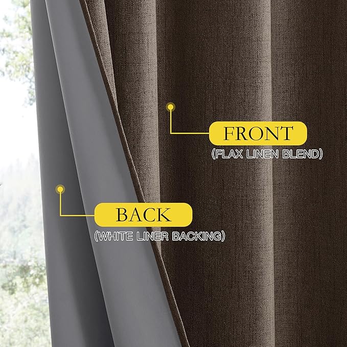 NICETOWN Coffee Vintage Linen 100% Blackout Curtains for Living Room, Thermal Insulated Curtains 63" Long, Noise Reducing Window Treatment Drapes for Hall Room, 52" Wide Per Panel, Set of 2