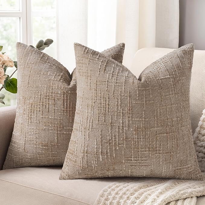 decorUhome Oatmeal Chenille Throw Pillow Covers 20x20 Set of 2 Textured Soft Cozy Slubby Couch Pillow Covers Modern Farmhouse Boho Decorative Pillow Cases for Bed Sofa Living Room