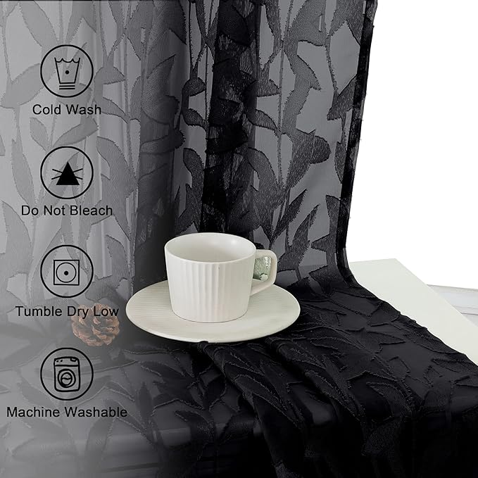 Lecloud Leia Jacquard Textured Black Semi Sheer Curtains 45 Inch Length 2 Panels, Balance Light & Privacy Clip Leaf Voile Curtain for Living Room, Dual Rod Pockets Bedroom Short Drapes, 38x45 Inches