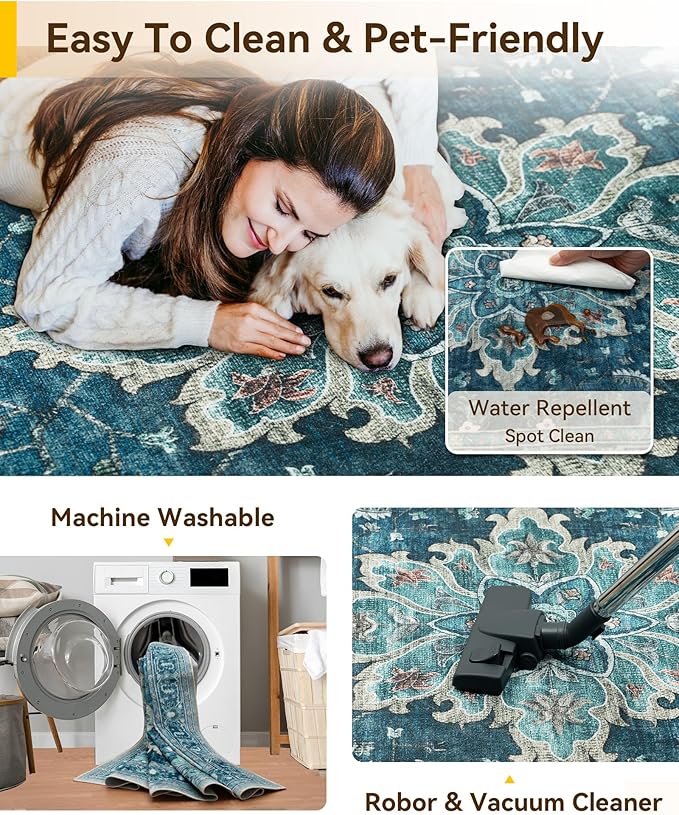 RELEANY Area Rugs 10'x14' Washable Non-Slip, Floral Vintage Distress Print Pattern Medallion Carpet for Living Room Bedroom Dining Room, Teal Green Lake Blue Turquoise