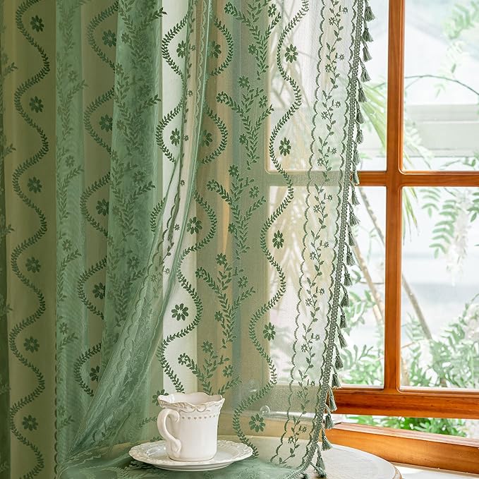 WAZZIO Boho Lace Curtains 2 Panels 96 Inches -Vintage Victorian Sheer Panel Drape French Country Floral Pattern & Tassel Light Filtering Privacy for Bedroom Dining Living Room,Dark Sage Green,W52x L96
