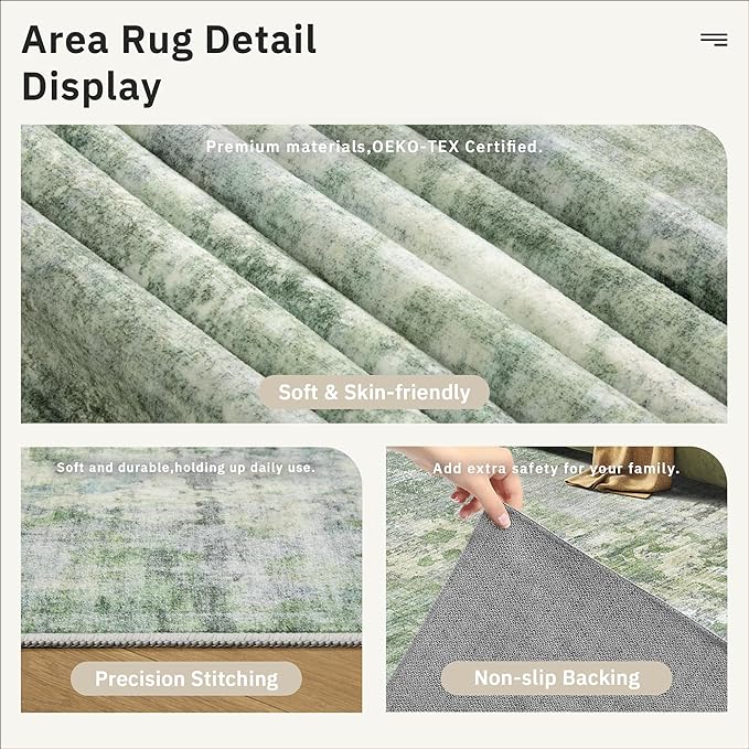 5x8 Area Rugs Green/Ivory Low Pile Indoor Washable Trendy Faded Style Rugs for Bedroom Living Room Dining Room Foldable Non-Slip Thin Print Home Office Mat
