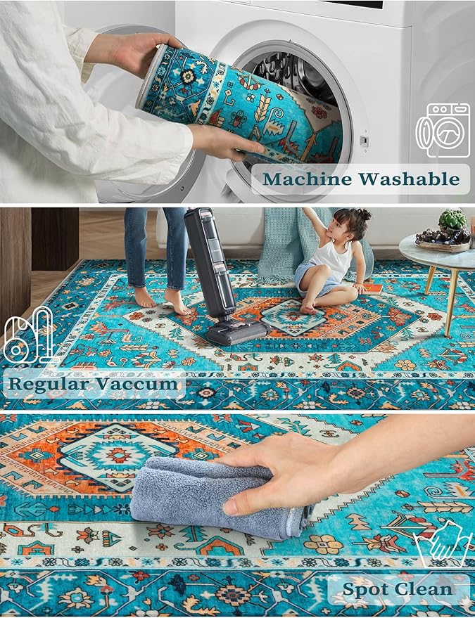 SERISSA Boho Washable Runner Rug, 2'6"x8' Rug Runner Non-Slip Vintage Blue Hallway Kitchen Runner Rug Ultra Soft Print Distressed Tribal Floor Carpet Runner for Bedroom Bathroom Laundry Room