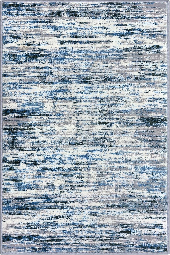 Lansny Modern Abstract 6x9 Machine Washable Living Room Rug Non-Slip Soft Bedroom Area Rug Grey Blue White Thin Print Faux Wool Floor Carpet Throw Rugs for Nursery Playroom Dining Room Indoor