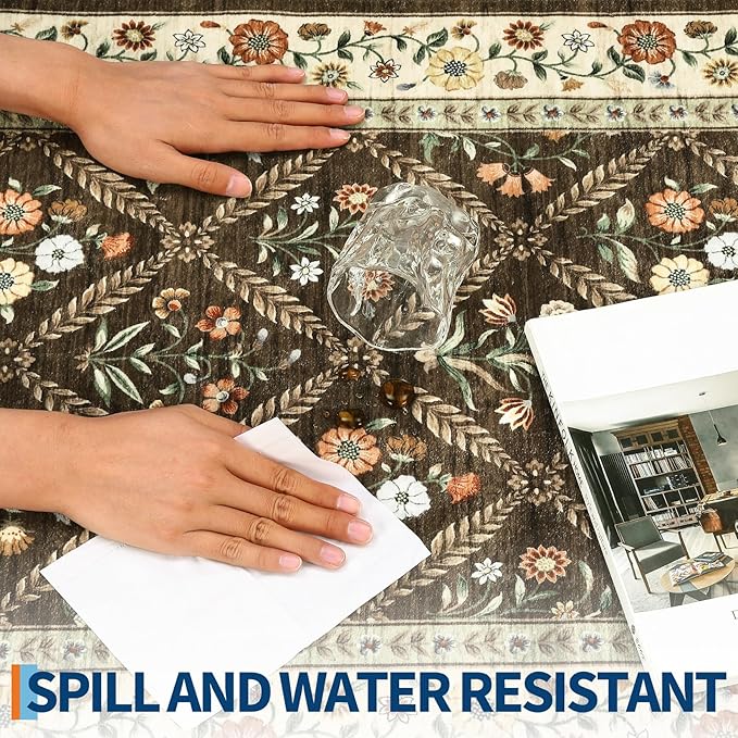 Washable Kitchen Runner 2x6 Non-Slip Floral Carpet Runner for Entryway Indoor Ultra Soft Stain Resistant Long Rugs Farmhouse Floor Mat for Hallways Laundry Bedroom Brown