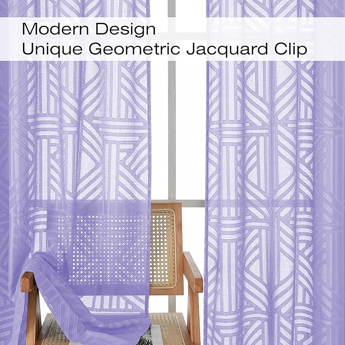 Simplebrand Lavender Semi Sheer Curtains 45 Inch Length 2 Panels, Geometric Jacquard Clip Textured Short Sheer Curtains for Bedroom，Modern Elegant Window Curtains Drapes/Treatment Sheer，42x45 inch