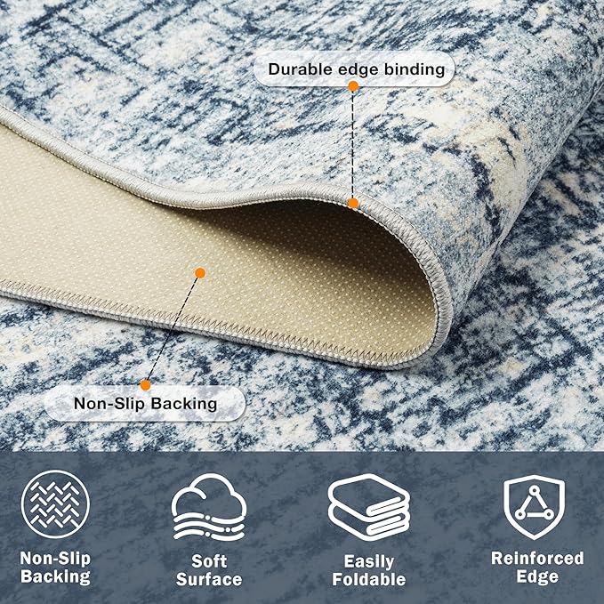 8x10 Area Rugs for Living Room Washable Rug: Anti-Skid Abstract Modern Living Room Rug Soft Thin Carpets Indoor Floor Non-Shedding Carpet for Bedroom Dining Farmhouse Nursery Home Office Blue Gold