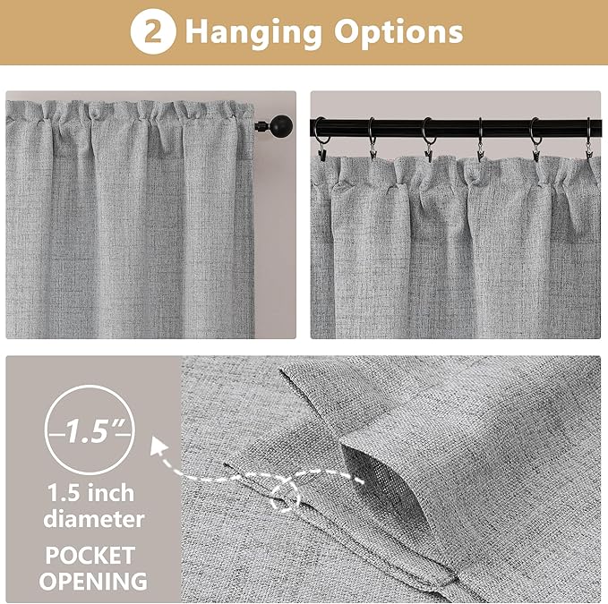 OVZME Grey Valance for Windows, Light Filtering Faux Linen Textured Small Cafe Valances for Windows, Dual Rod Pocket Farmhouse Short Curtain for Bathroom Basement, 60Wx24L inch, 1 Piece