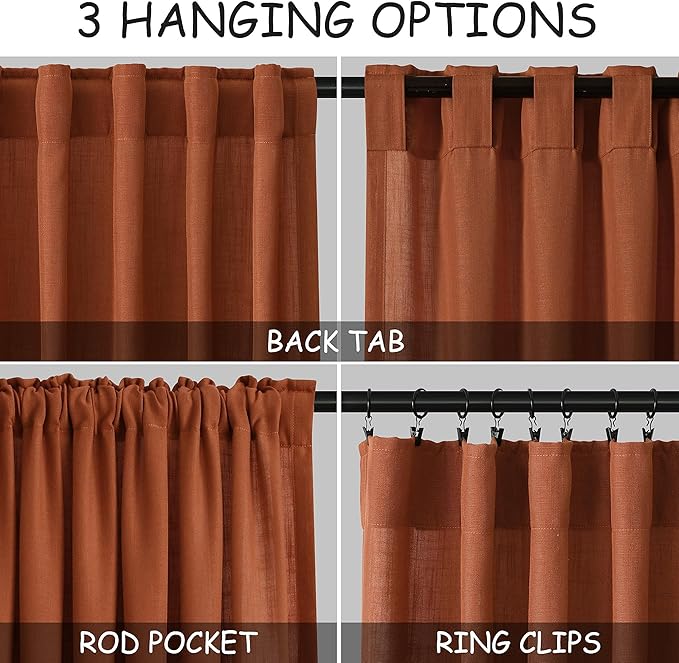 Terracotta Boho Curtains for Bedroom Back Tab Rod Pocket Semi Sheer Linen Curtains 90 Inches Long 2 Panel Set Light Filtering Neutral Brick Burnt Orange Farmhouse Curtain for Living Room 40x90