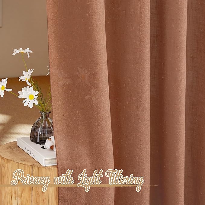 NICETOWN Linen Caramel Curtains & Drapes Privacy with Light Filtering, Rod Pocket & Back Tab Flax Linen Burlap Window Treatments Vertical Drapes for Bedroom/Living Room, W52 x L84, 2 Panels