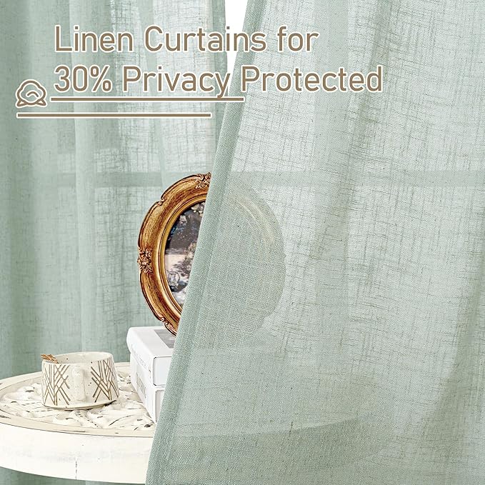 LAMIT Light Sage Linen Curtains 84 inch Length 2 Panels, Light Filtering Semi Sheer Panels Back Tab and Rod Pocket Neutral Drapes for Bedroom/Living Room, 34 x 84 Inch
