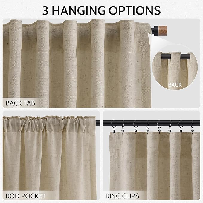 Nanspring Eggshell Beige Curtains 90 Inches Long for Living Room Linen Light Filtering Semi Sheer Curtain Back Tab Rod Pocket Rustic Decor Neutral Elegant Drapes for Bedroom 52x90, 2 Panels