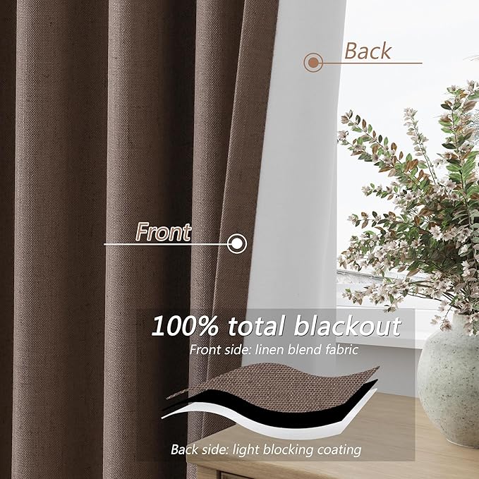 Guken Mocha Mousse 100% Blackout Linen Curtains 96 Inch Length 2 Panels Set for Living Room Bedroom Back Tab/Rod Pocket Thermal Insulated Farmhouse Black Out Drapes Room Darkening,52x96