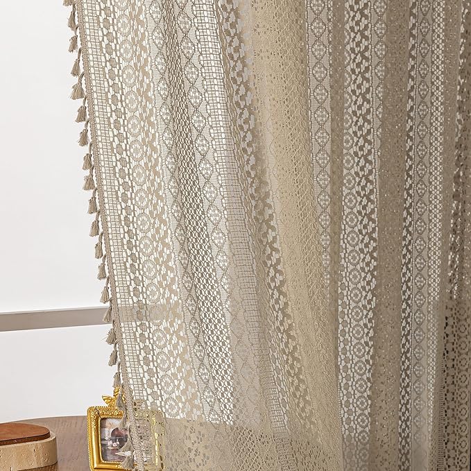 WAZZIO Boho Lace Curtains 84 Inches 2 Panel,Light Filtering Privacy Tassel & Geometry Crochet Semi Sheer Curtain Drapes for Bedroom Living Dining Room,Rod Pocket & Tassel,Earthy Color Taupe