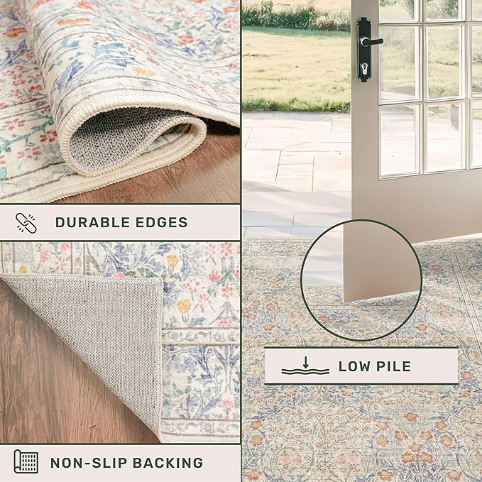 Washable 3x20 Wide Hallway Runner Rug - Beige Blue Ultra Soft Extra Long Runner Non Slip, Low Pile Stain Resistant Boho Pastel Rug for Large Kitchen, Entryway
