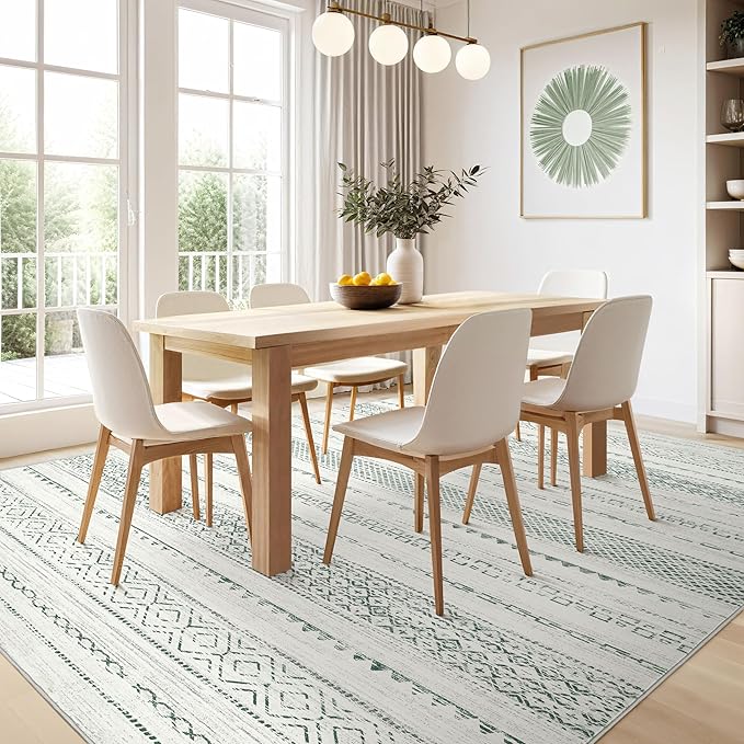 Nakagishi Green Rug Living Room Rugs: 9x12 Washable Boho Large Neutral Soft Farmhouse Stain Resistant Modern Non Slip Indoor Floor Carpet for Bedroom Nursery Kids Playroom Office Dining Room Home